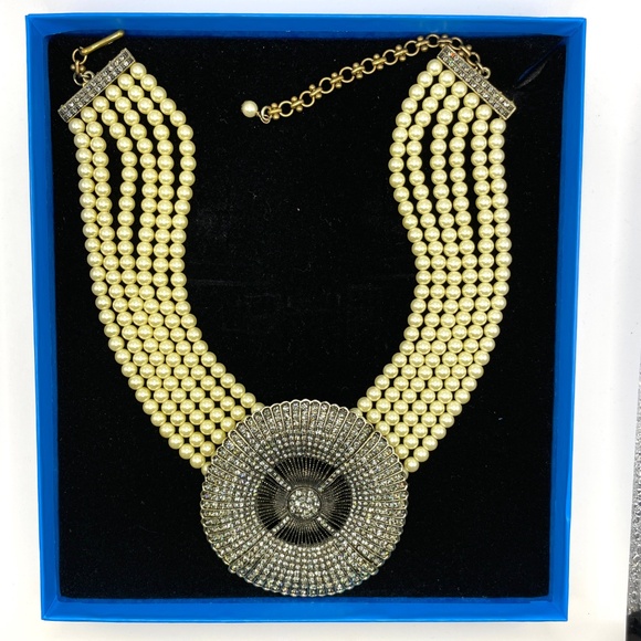 HEIDI DAUS Belgian Disc 6 Strand Faux Pearl Swarovski Crystal Statement Necklace - Picture 1 of 15